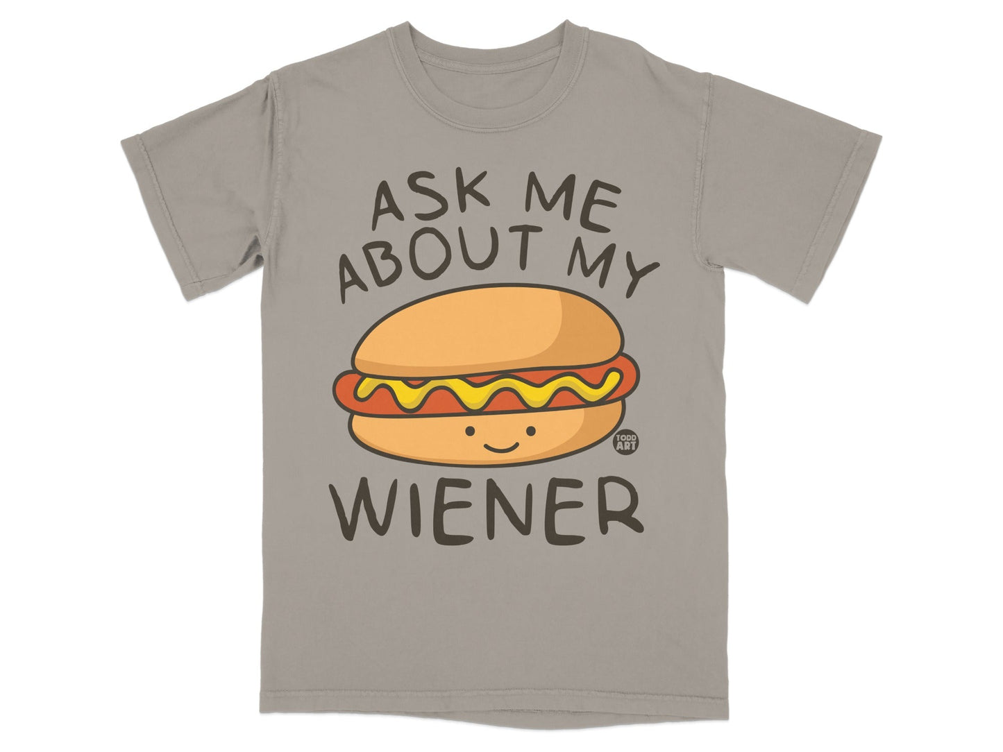 T-shirt with cartoon hot dog and text "Ask Me About My Wiener".