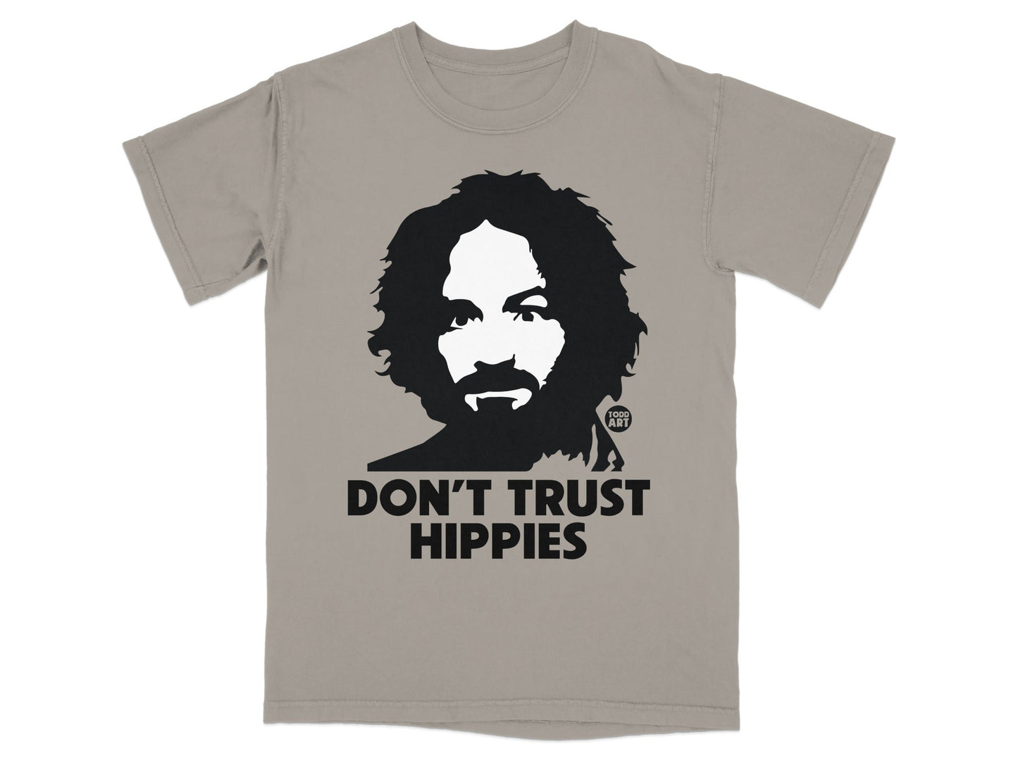 T-shirt with a black silhouette of a man and the text "DON'T TRUST HIPPIES".