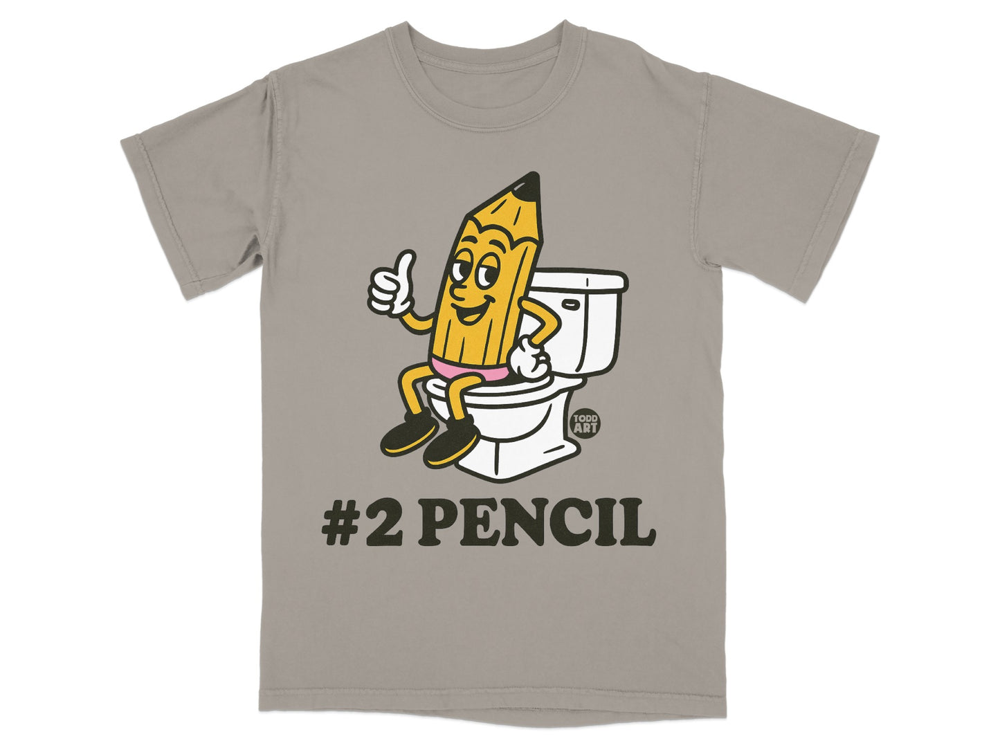 Cartoon #2 pencil sitting on a toilet giving a thumbs up.