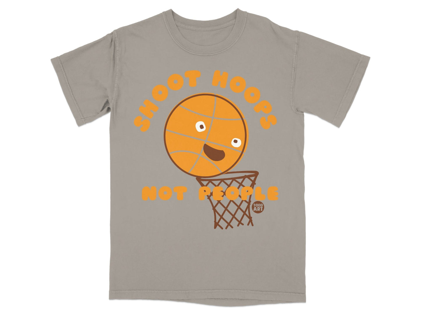 T-shirt with orange text "SHOOT HOOPS" and cartoon basketball in hoop.