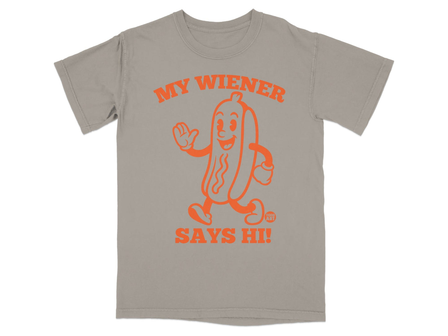 T-shirt with orange cartoon hot dog and text "MY WIENER SAYS HI!".