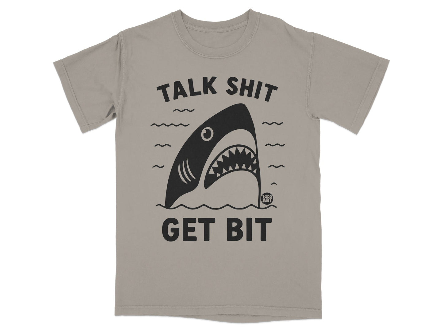 Grey t-shirt with a shark graphic and text "TALK SHIT GET BIT".