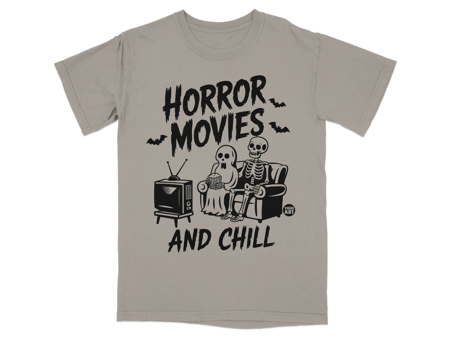 Skeleton couple watching horror movies and chilling on a couch.