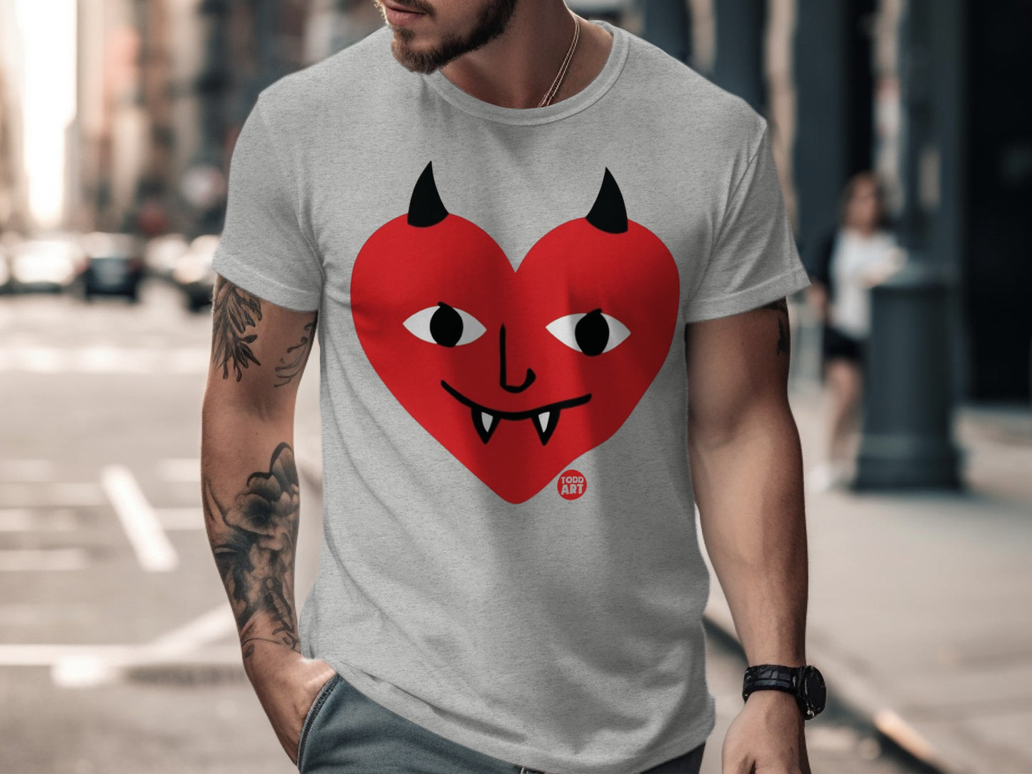 Todd Art Red Heart Devil Face Graphic T-shirt