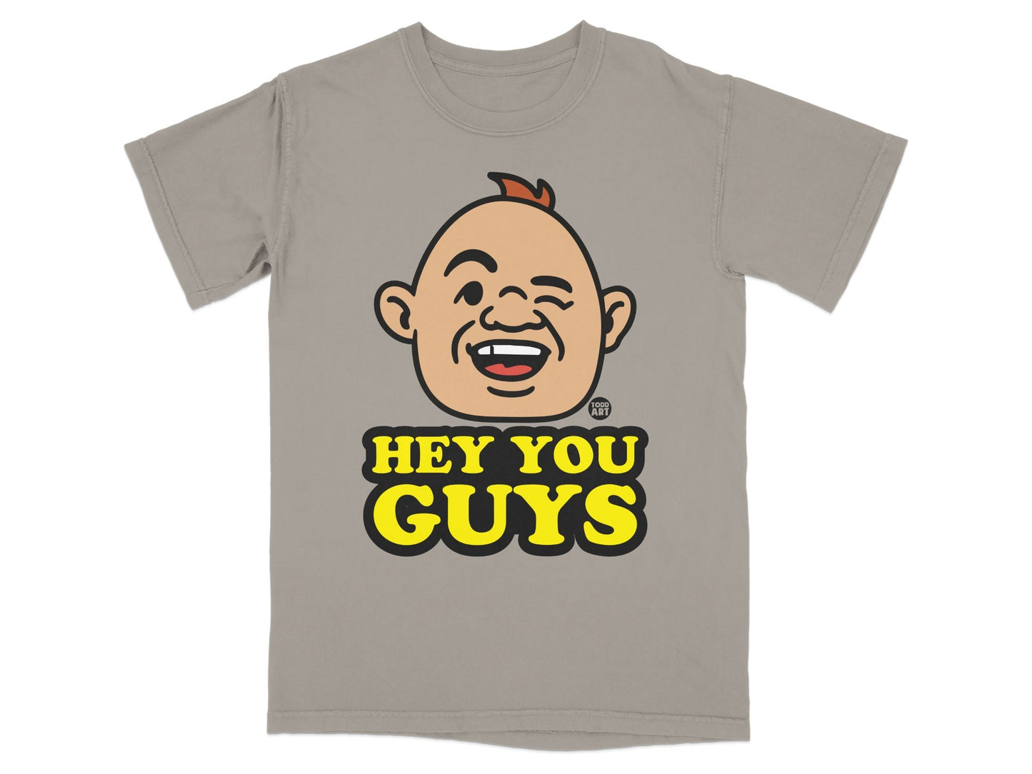 Grey t-shirt with cartoon face and "Hey You Guys" text.