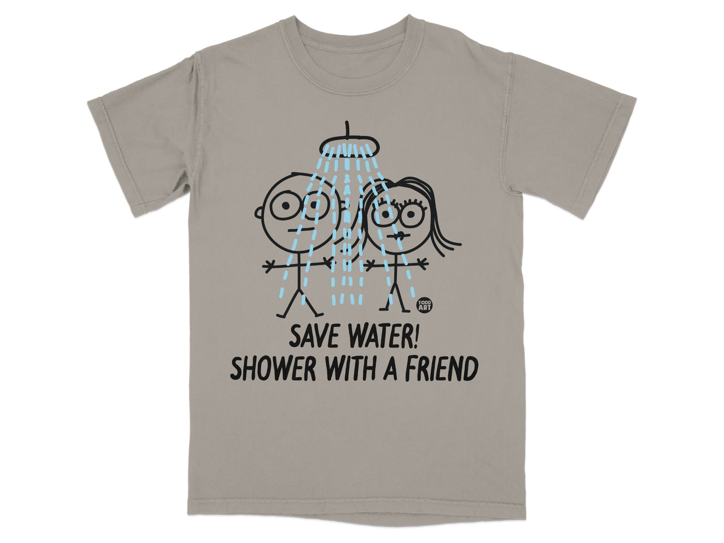 T-shirt with stick figures showering together and text "SAVE WATER! SHOWER WITH A FRIEND".