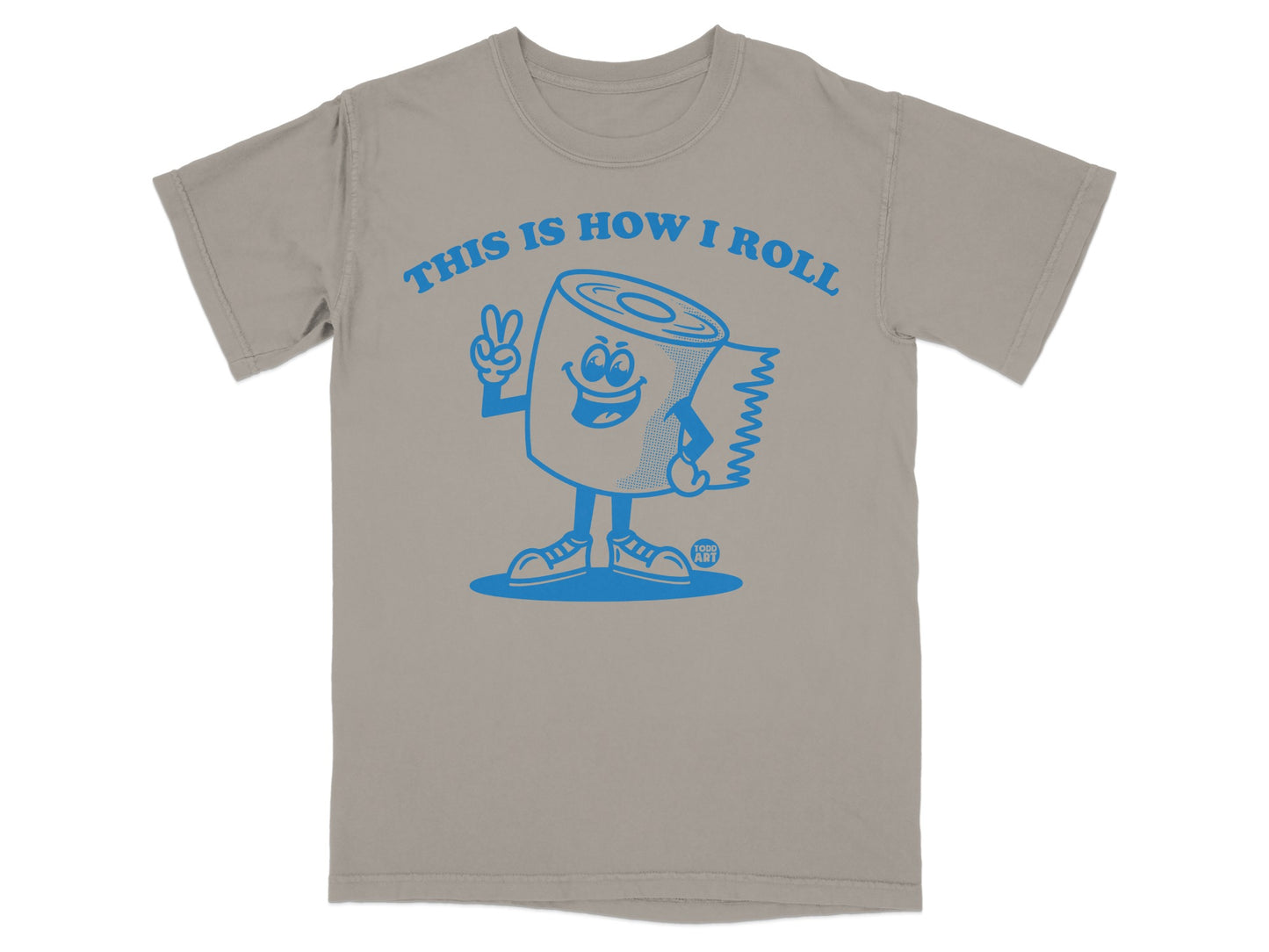 Cartoon toilet paper roll giving a peace sign on a light gray t-shirt.