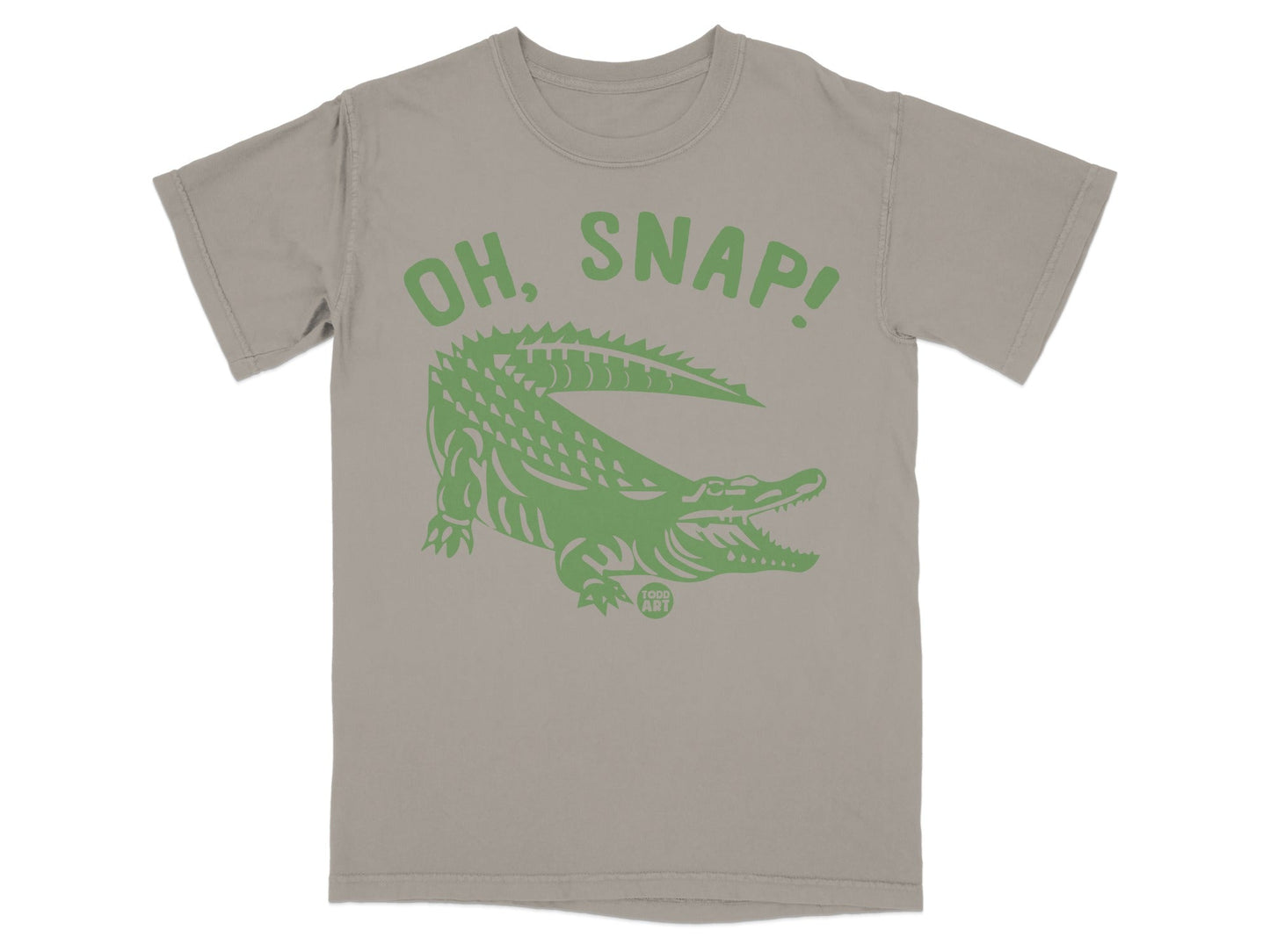 Grey t-shirt with green alligator and "OH, SNAP!" text.