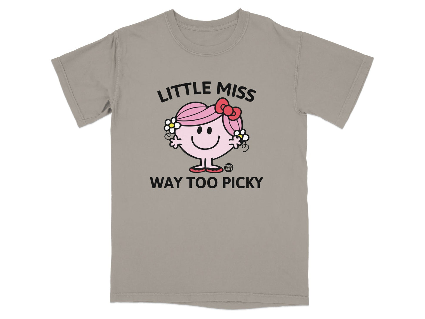 Little Miss character in pink bow, "WAY TOO PICKY" text on grey t-shirt.