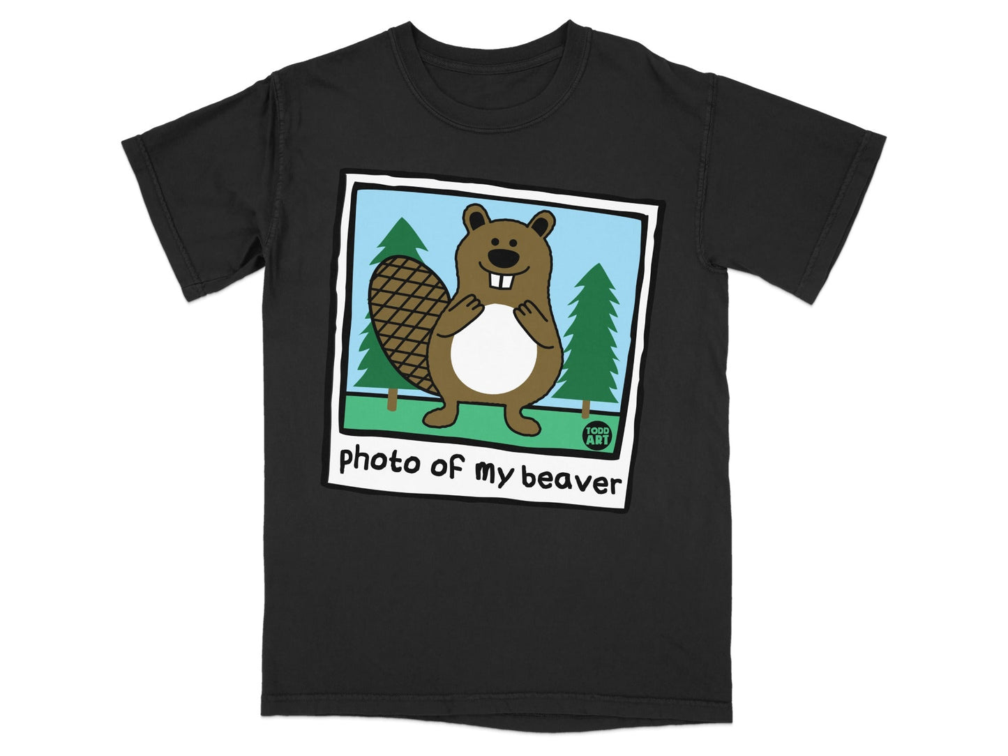 Black t-shirt with cartoon beaver and trees, "photo of my beaver" text.