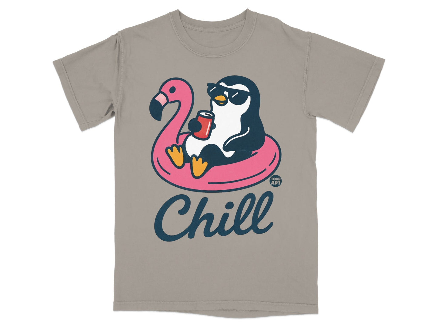 Penguin wearing sunglasses floats on flamingo pool float, holding drink, "Chill" text.