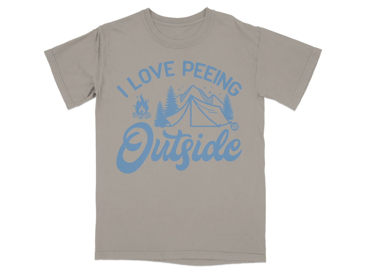 T-shirt with "I LOVE PEEING Outside" text and camping graphic.