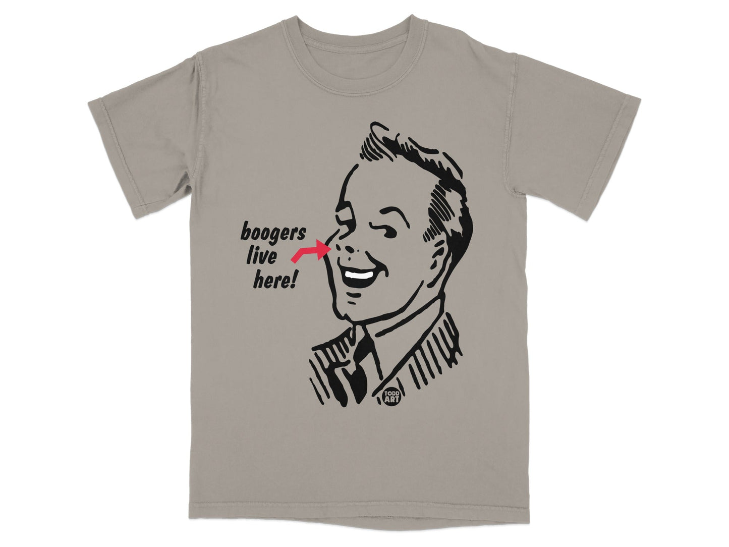 T-shirt featuring a vintage illustration of a man with "boogers live here!" text.