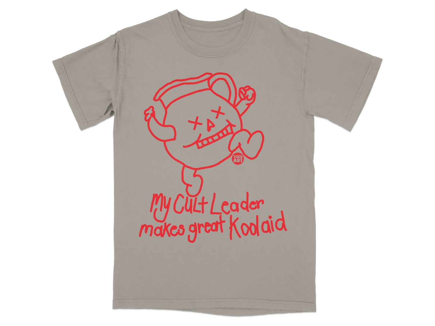 Grey t-shirt with red Kool-Aid pitcher logo and text "My Cult Leader makes great Koolaid".