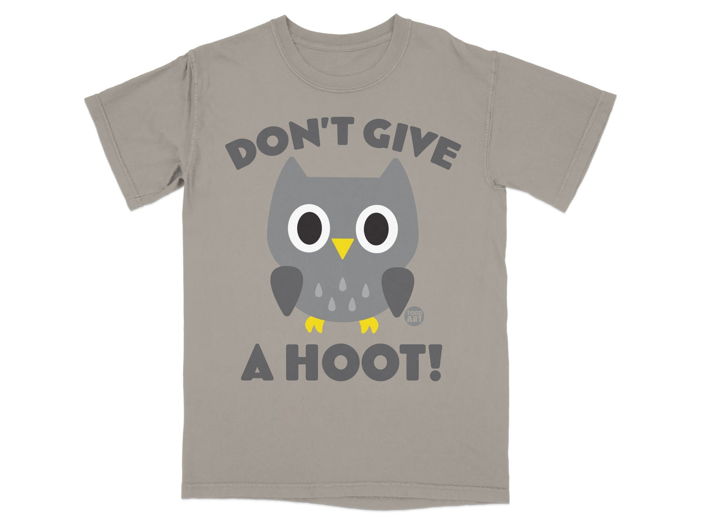 Gray t-shirt with a cartoon owl and text "DON'T GIVE A HOOT!".