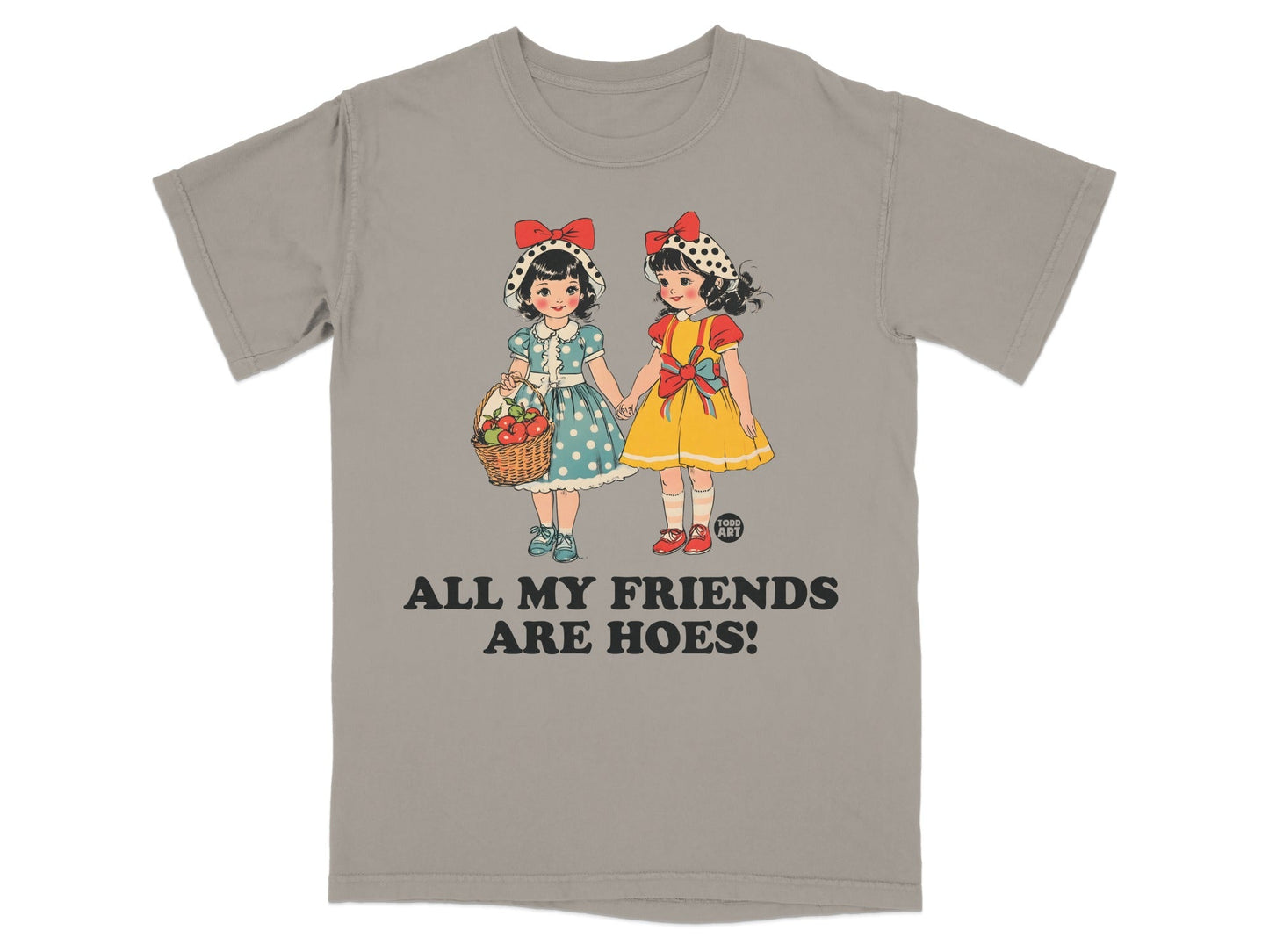Two young girls with bows in their hair, one carrying a basket, with text below.