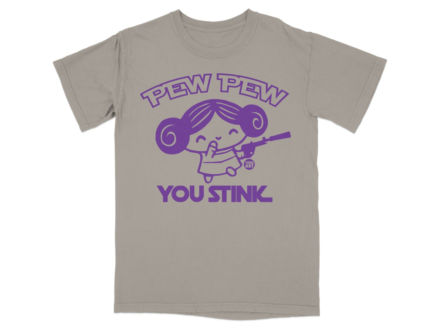 T-shirt with cartoon girl saying "Pew Pew You Stink" and holding a laser gun.