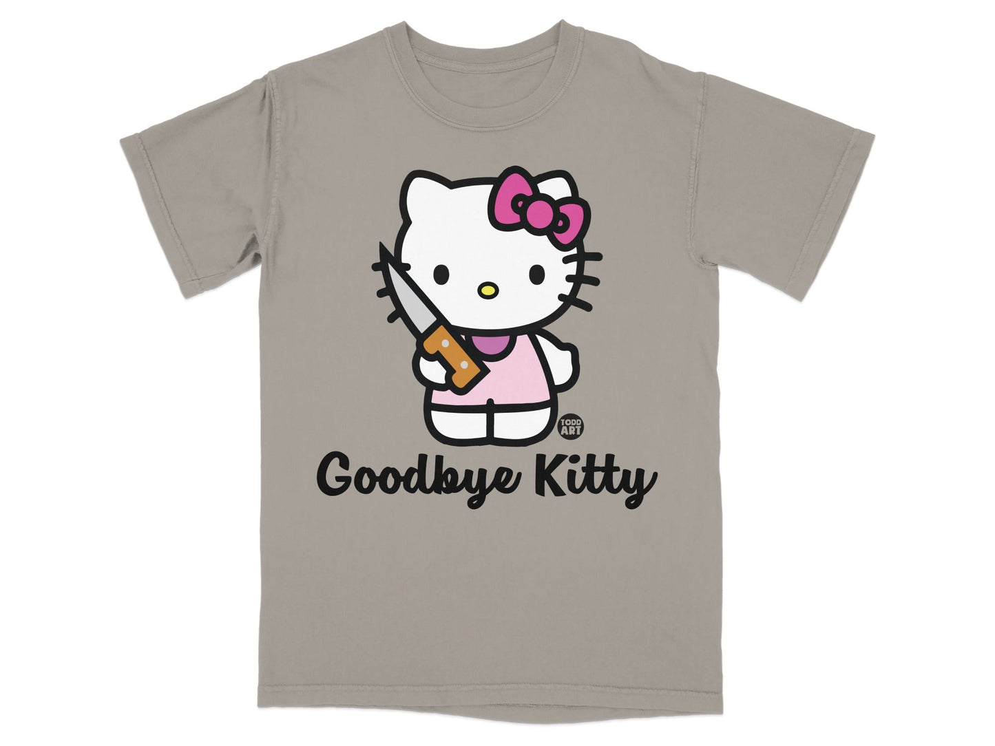 T-shirt with Hello Kitty holding a knife and the text "Goodbye Kitty".