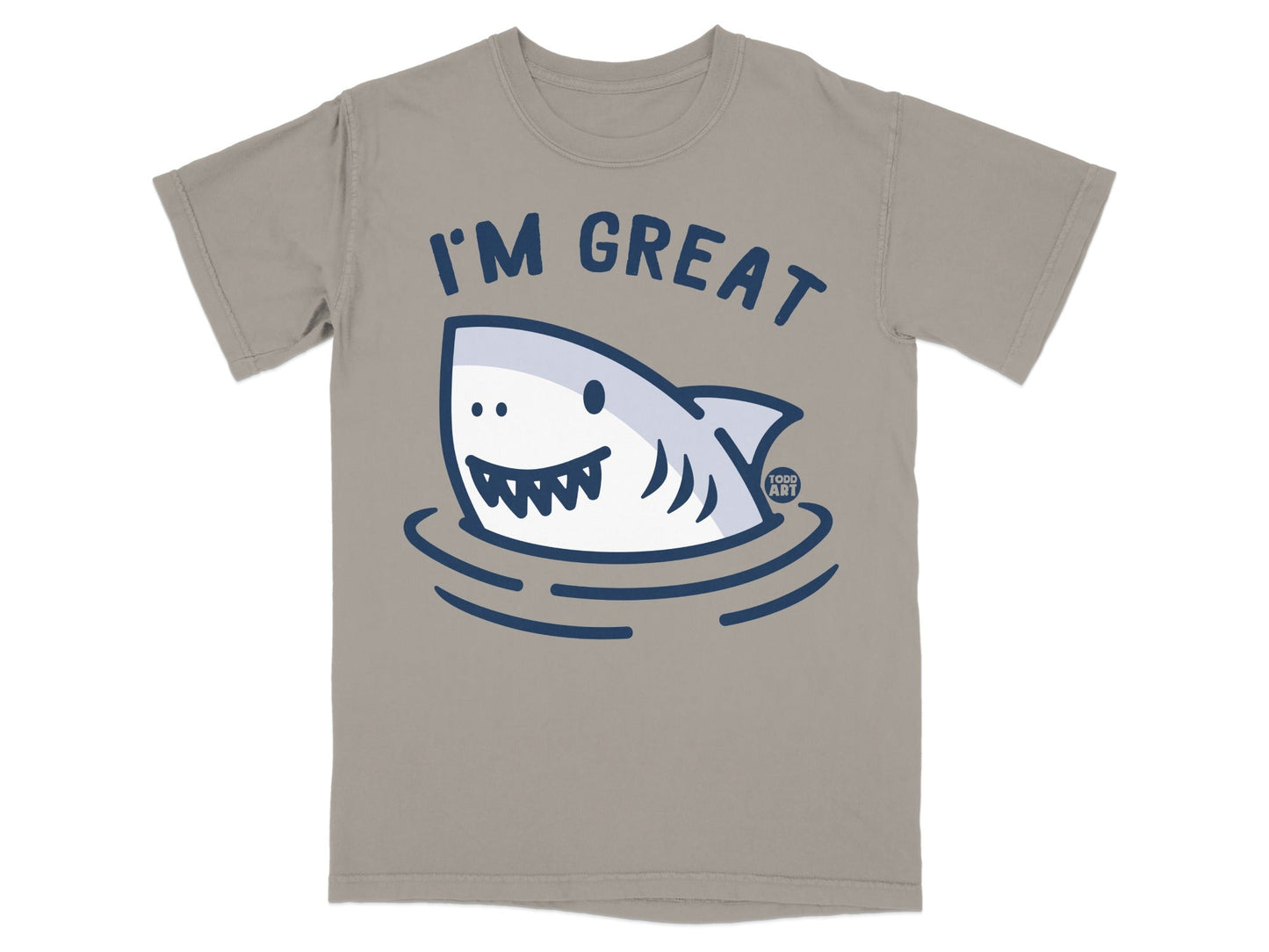 T-shirt with a cartoon shark smiling and text "I'M GREAT".