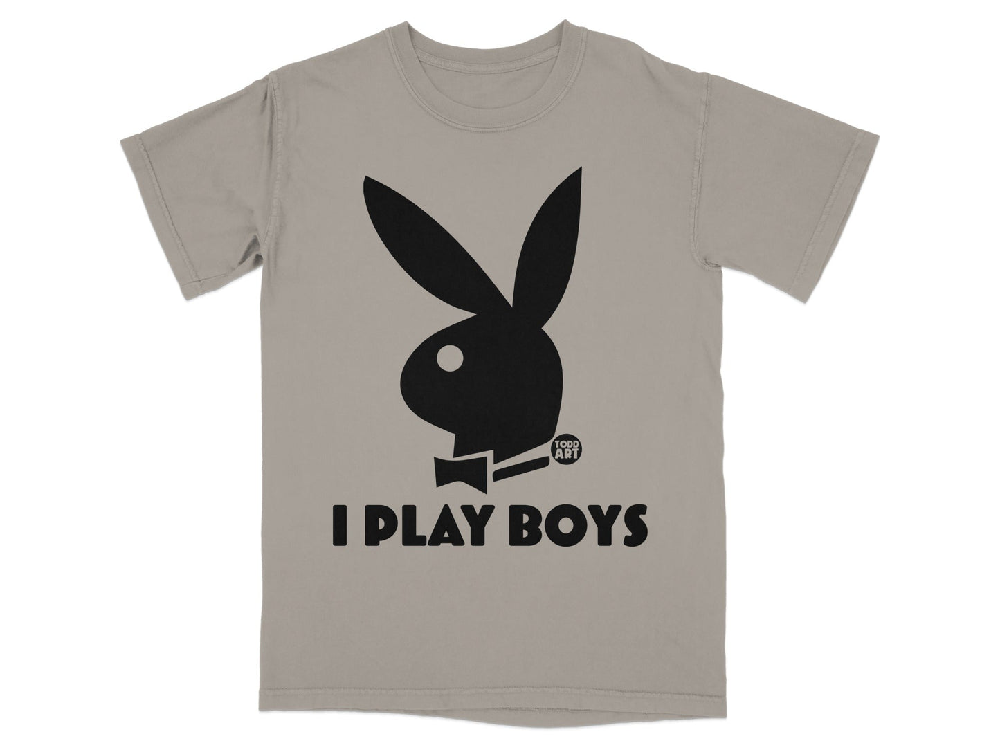 Gray t-shirt with black Playboy bunny logo and "I PLAY BOYS" text.