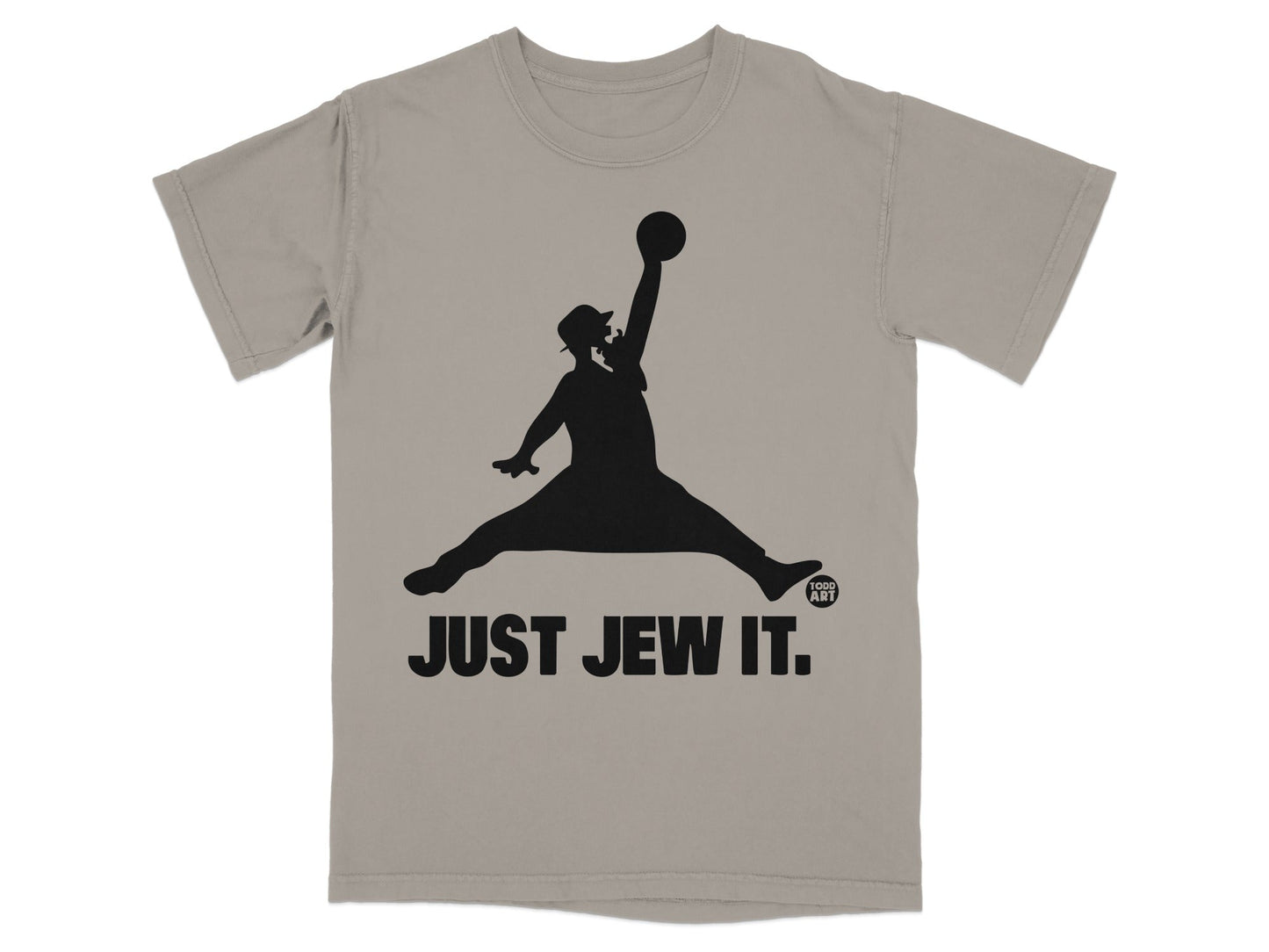 Silhouette of a jumping figure in a fedora, mid-air, with "JUST JEW IT." text.
