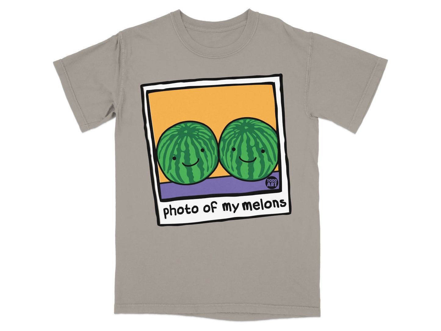 Two smiling watermelons on a t-shirt with text "photo of my melons".