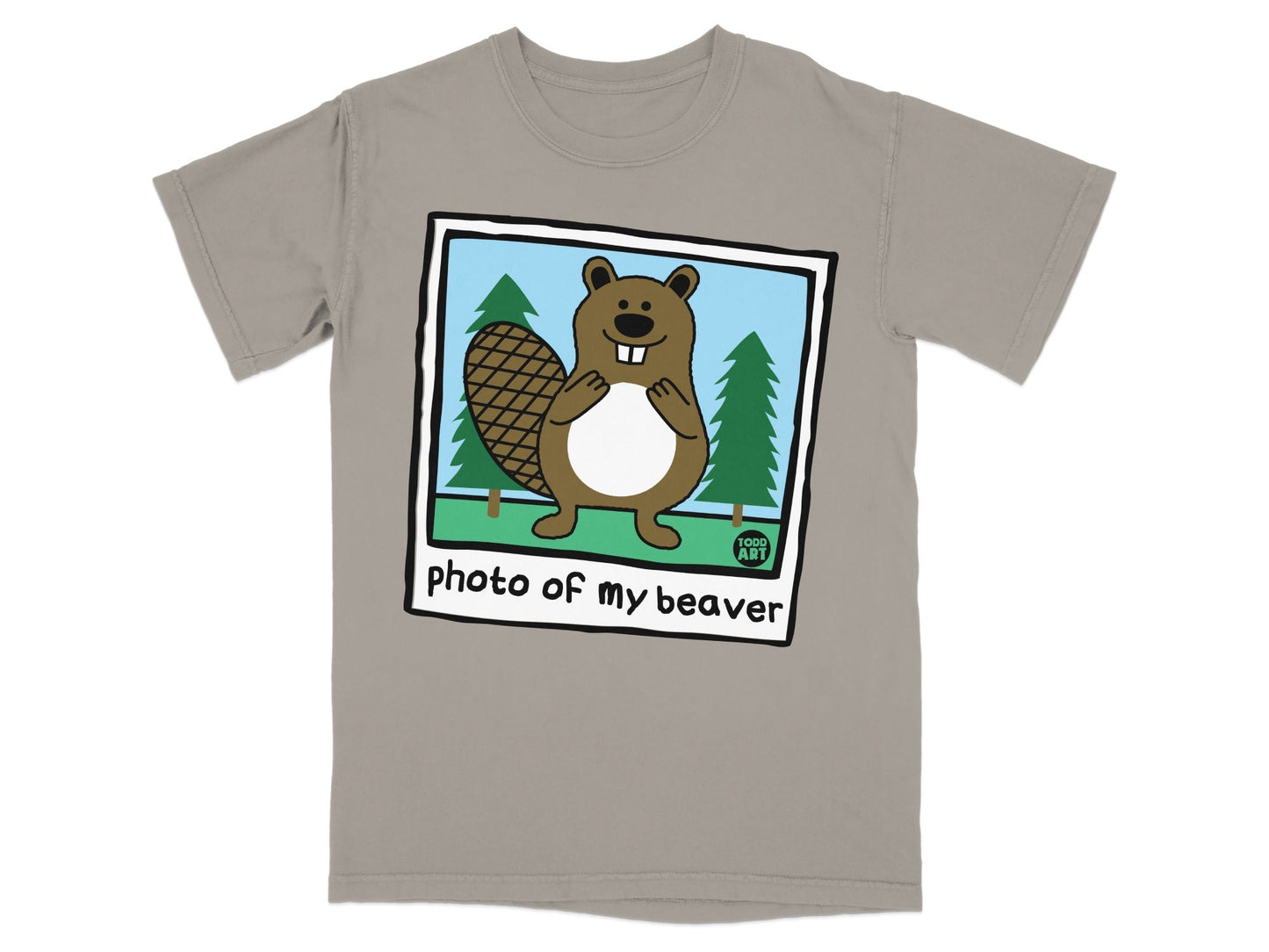 T-shirt with cartoon beaver in a picture frame, "photo of my beaver" text.
