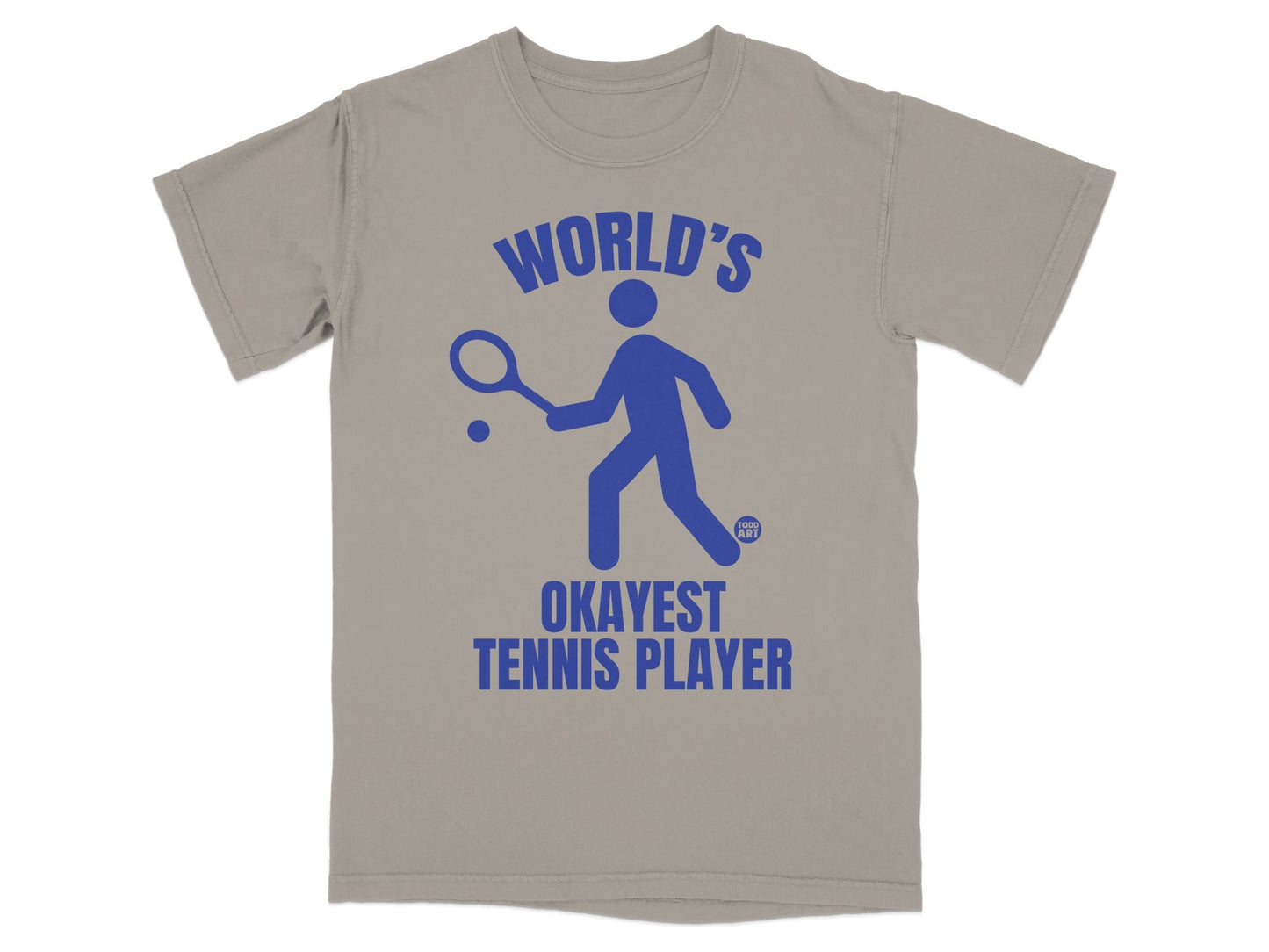 Grey t-shirt with blue graphic and text "World's Okayest Tennis Player".