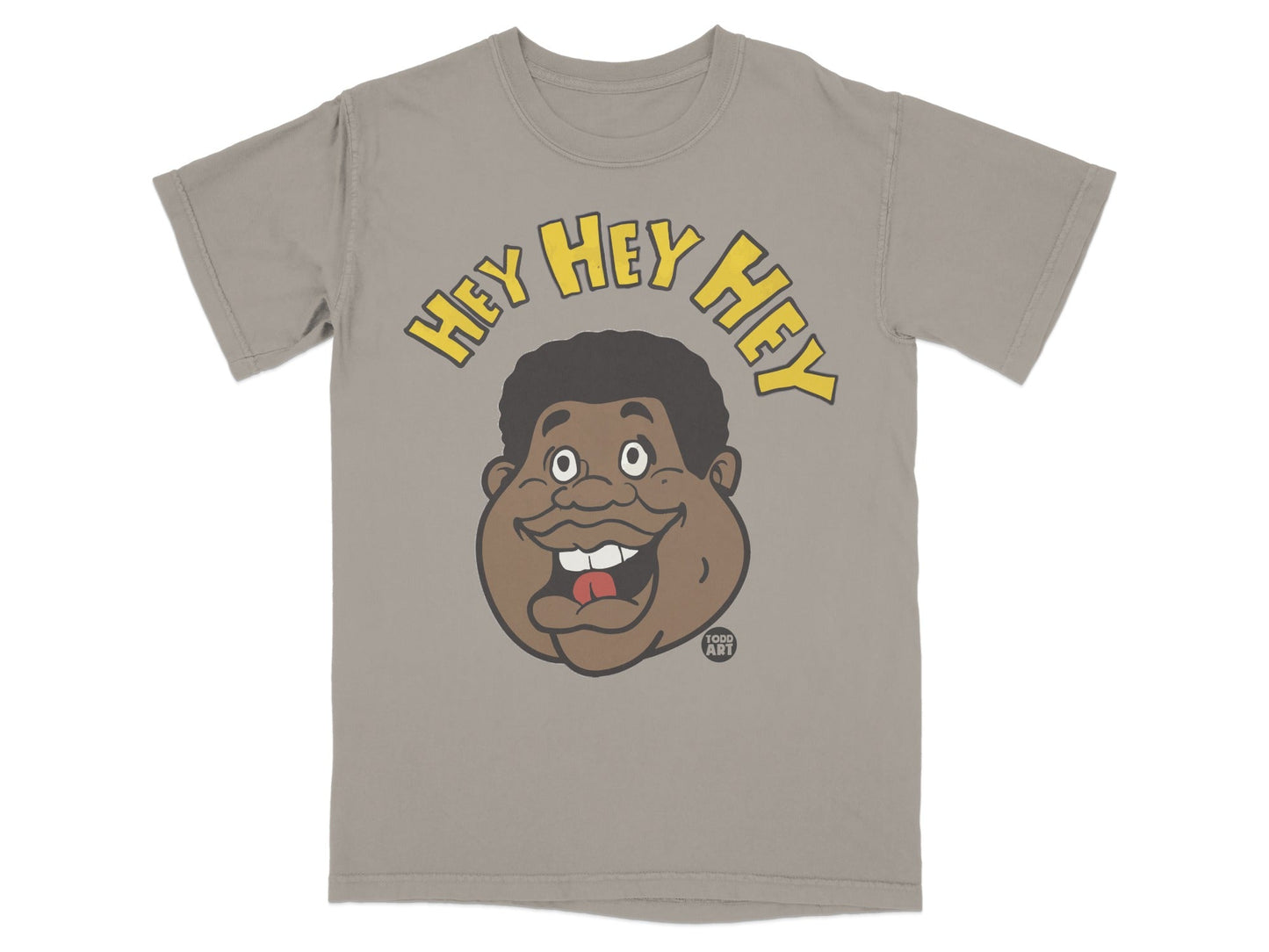 Gray t-shirt with a cartoon face and "HEY HEY HEY" text.