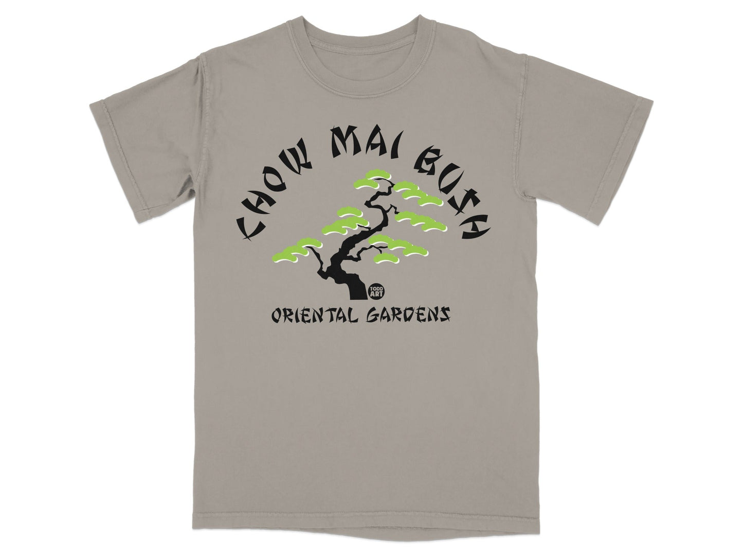 Grey t-shirt with "CHOW MAI BOSSA" and bonsai tree graphic.