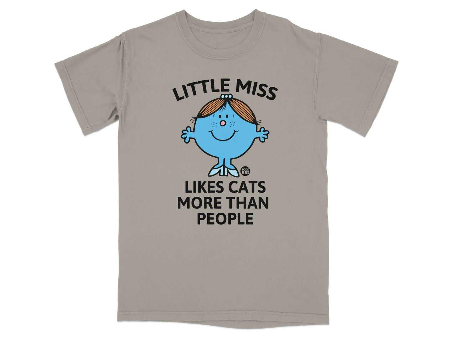 T-shirt with "Little Miss Likes Cats More Than People" text and cartoon character.