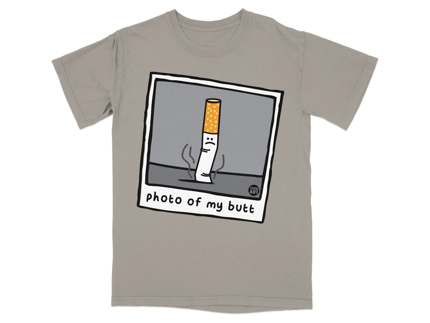 T-shirt with cartoon cigarette graphic and "photo of my butt" text.