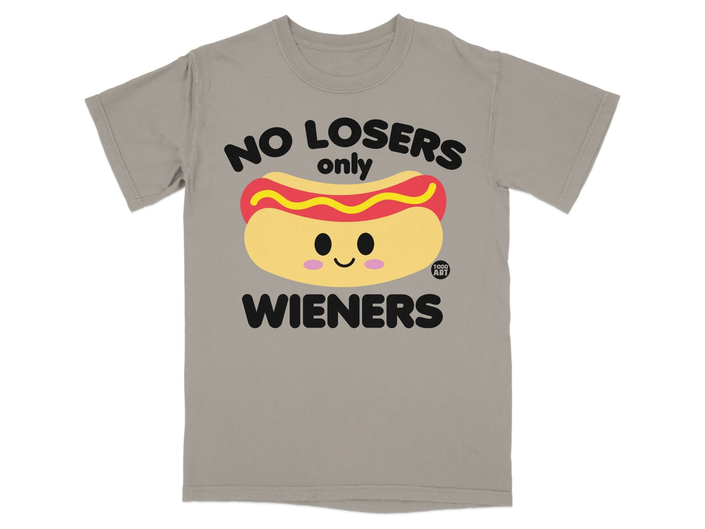 Grey t-shirt with cartoon hot dog and text "NO LOSERS only WIENERS".