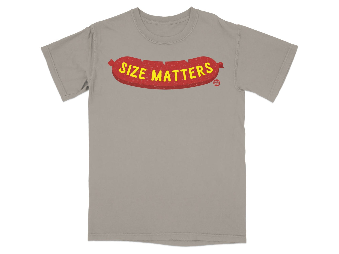 T-shirt with a stylized red sausage graphic and "SIZE MATTERS" text.