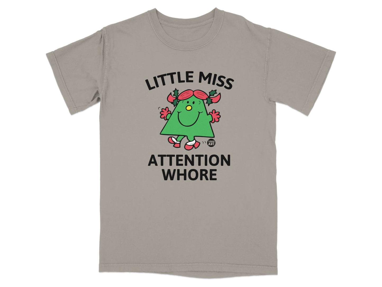 Grey t-shirt with a cartoon green Christmas tree character and text.