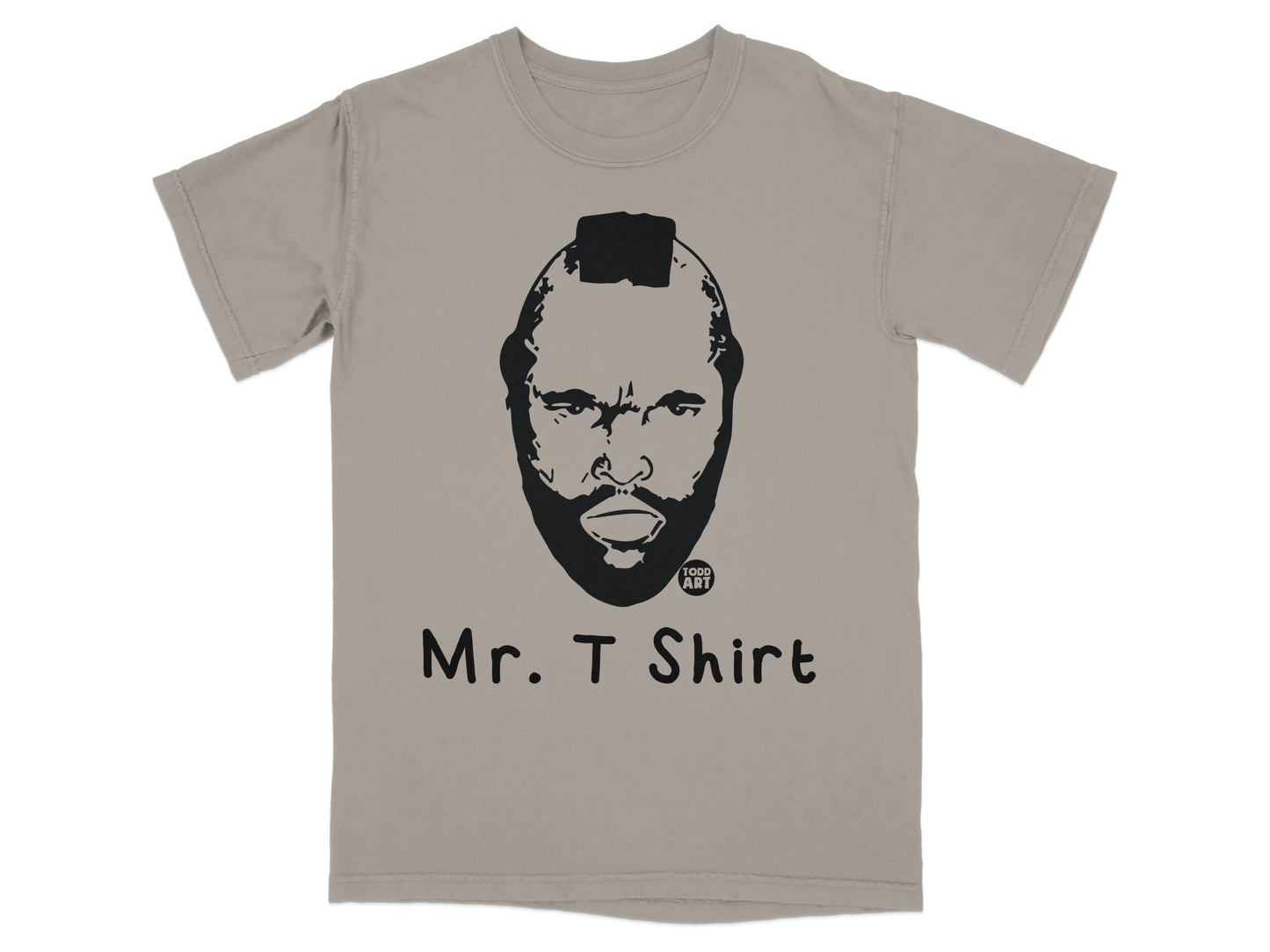 T-shirt featuring a black graphic of Mr. T's face and "Mr. T Shirt" text.