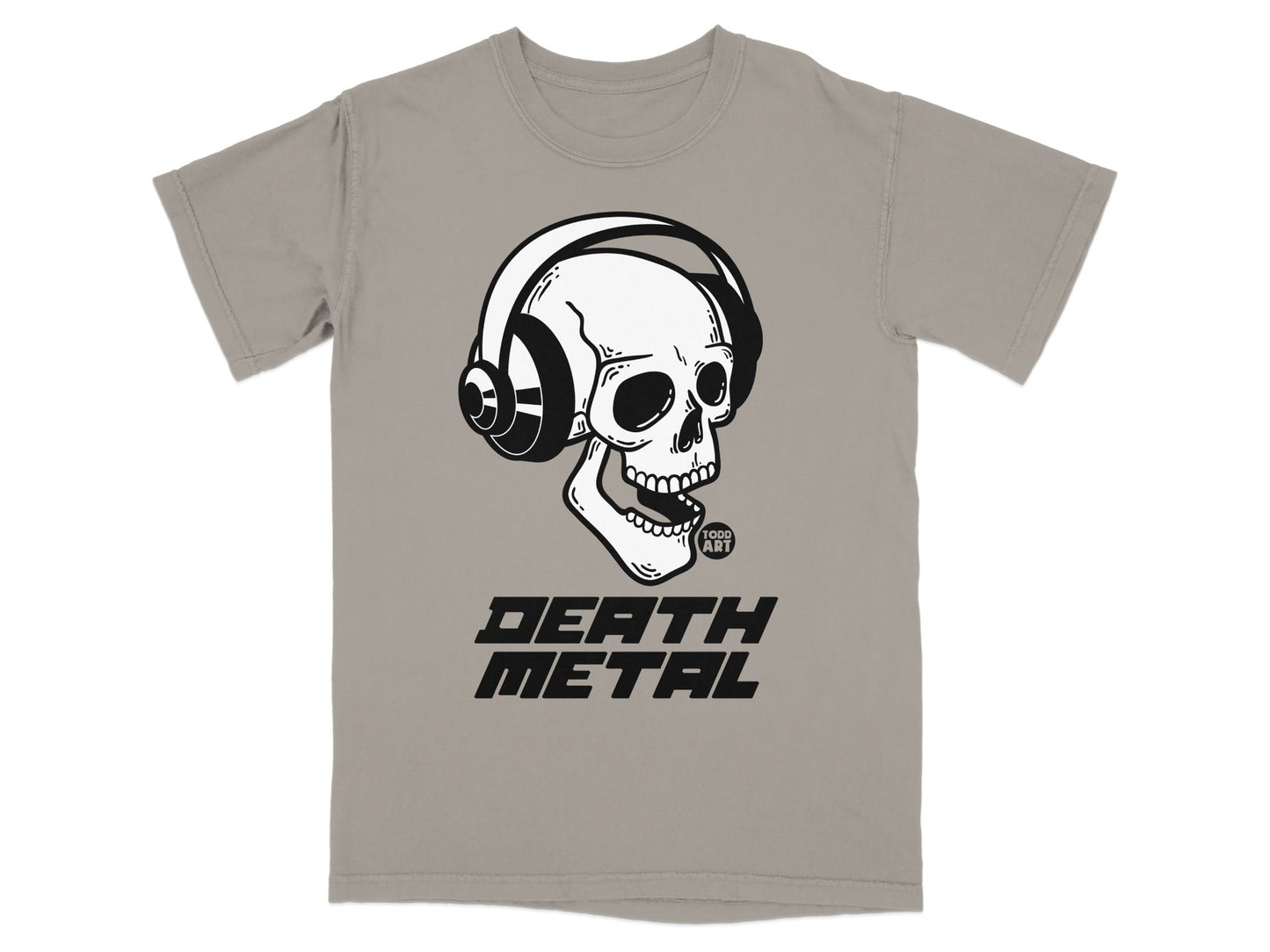 T-shirt with skull wearing headphones and "Death Metal" text.