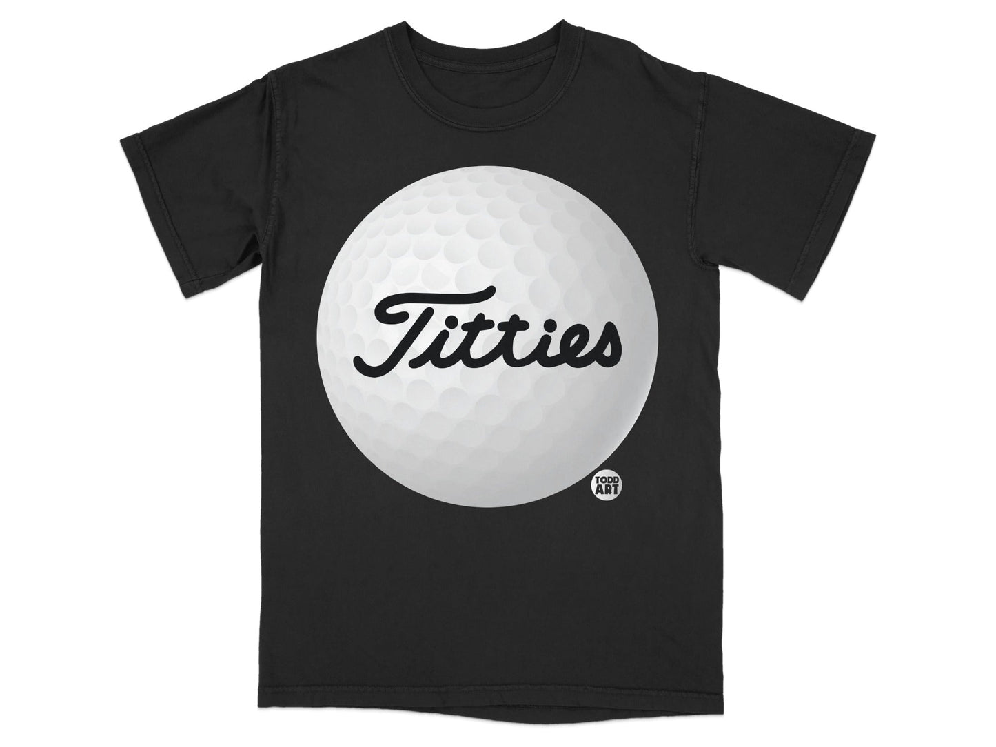 Black t-shirt with a large white golf ball graphic and "Titties" text.