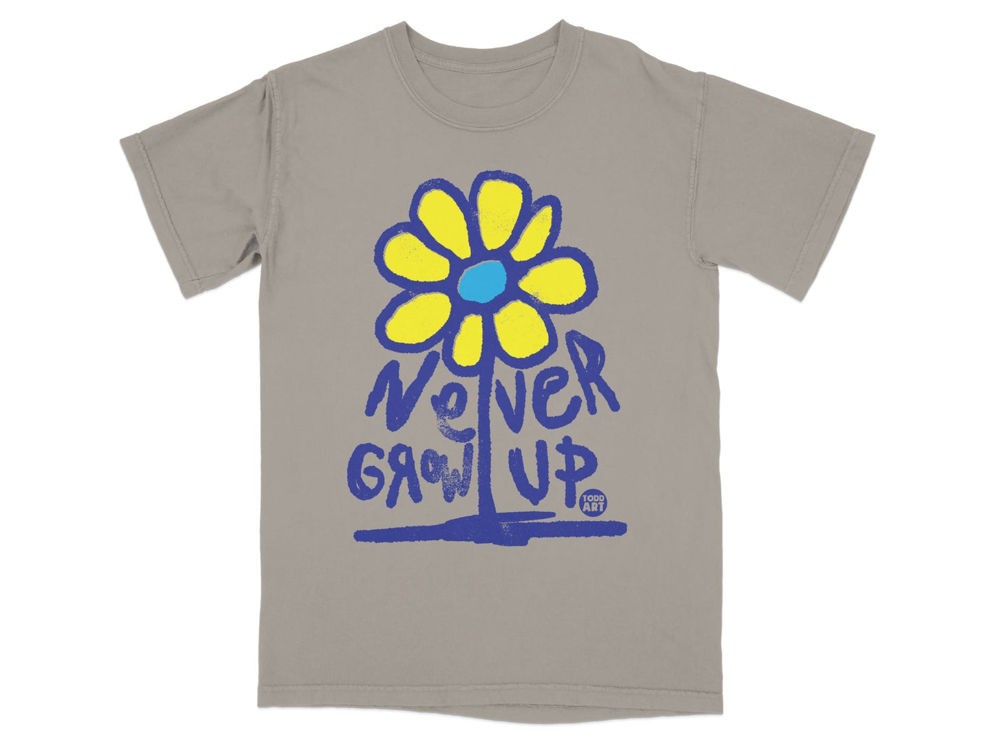 Grey t-shirt with yellow and blue "Never Grow Up" flower graphic.