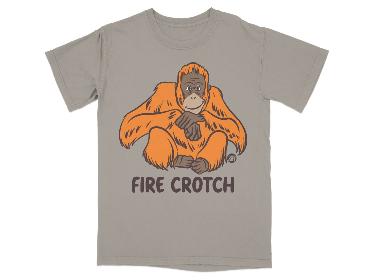 Orangutan graphic on t-shirt with "FIRE CROTCH" text.