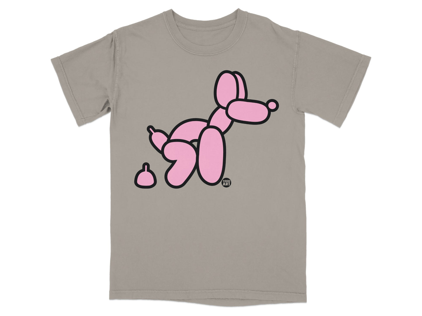 Pink balloon dog on a taupe t-shirt with "GOOD ART" logo.