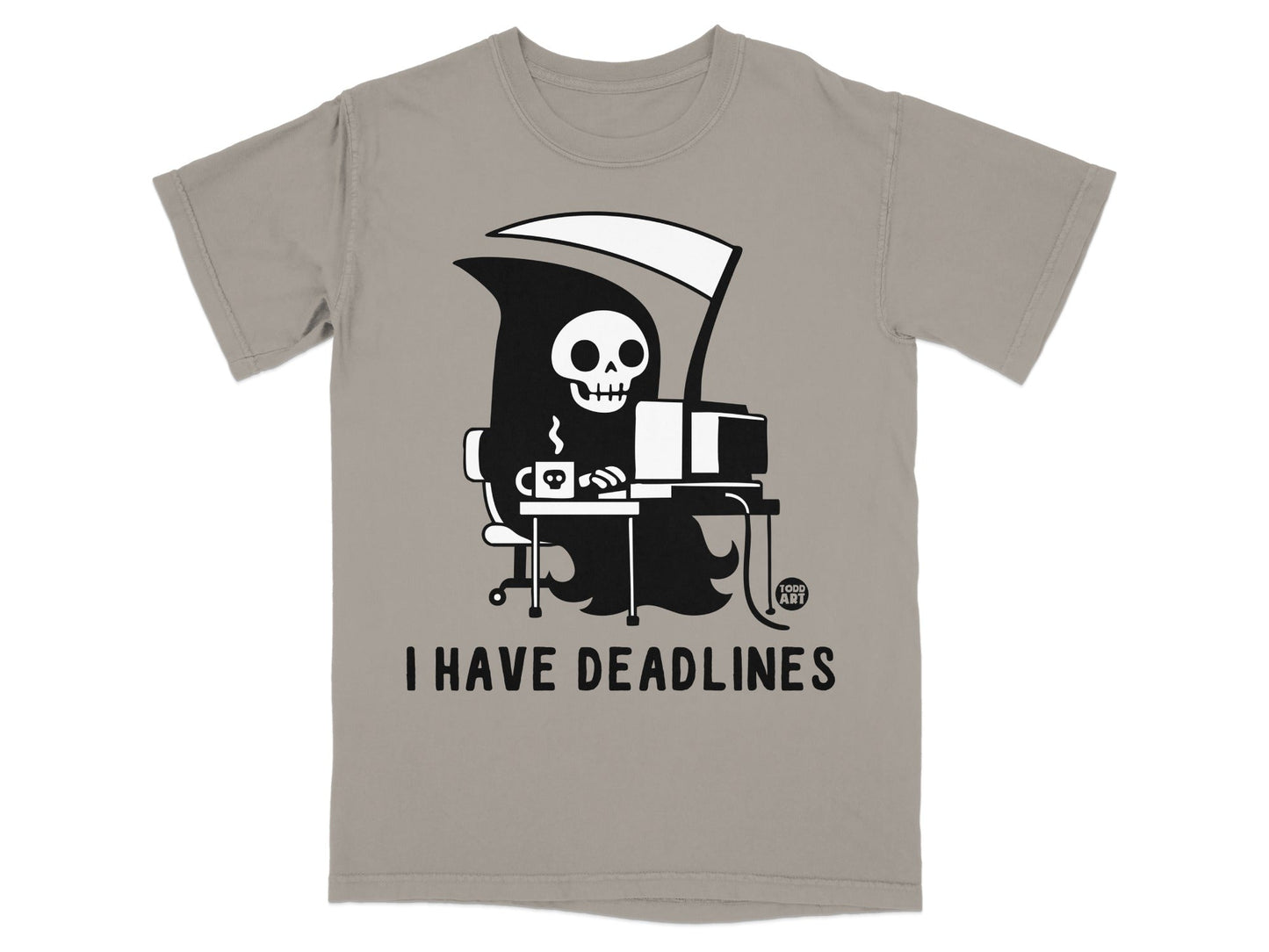 Grim Reaper at computer with "I HAVE DEADLINES" text.