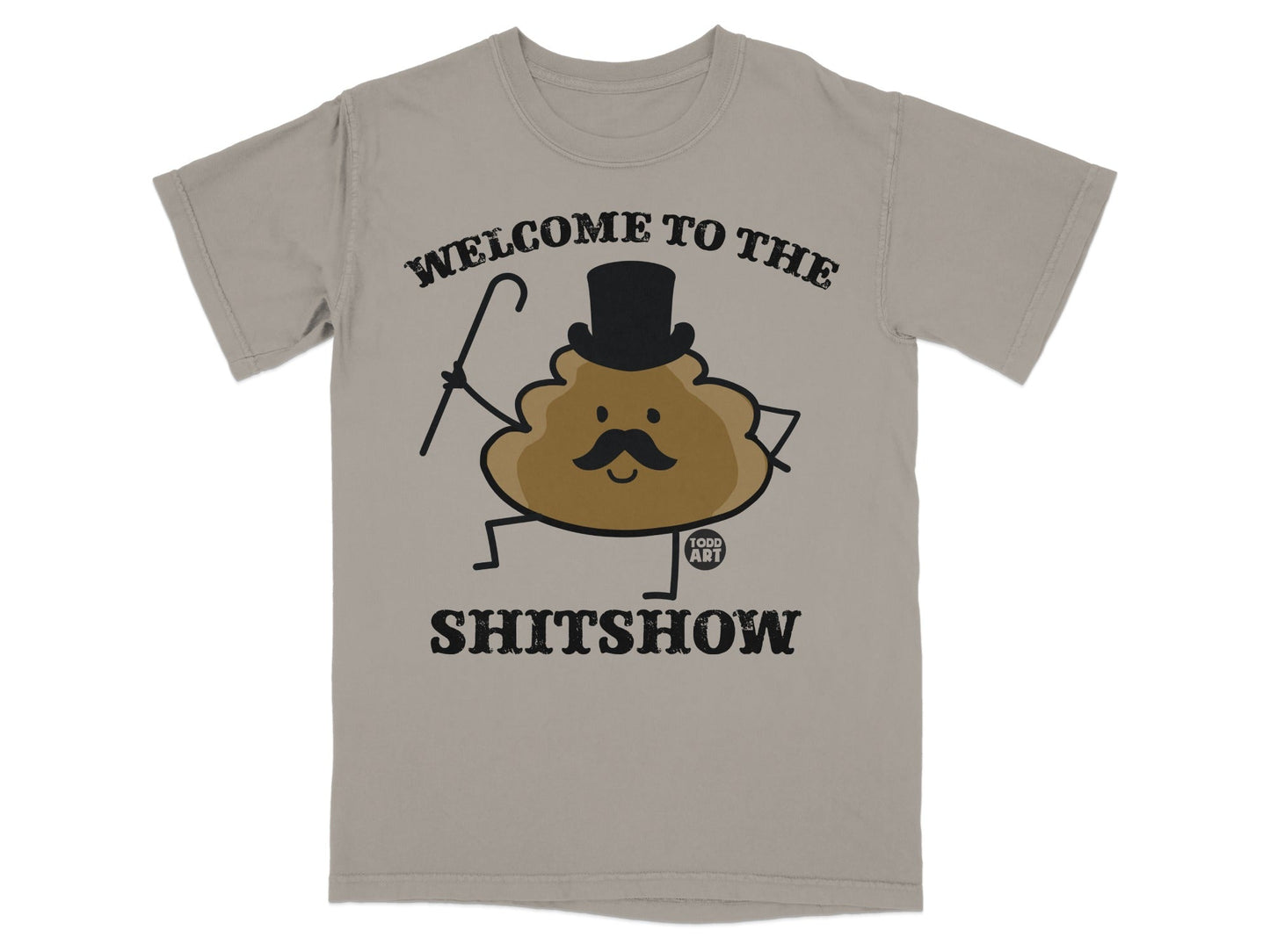 Brown cartoon poop character wearing a top hat and holding a cane.