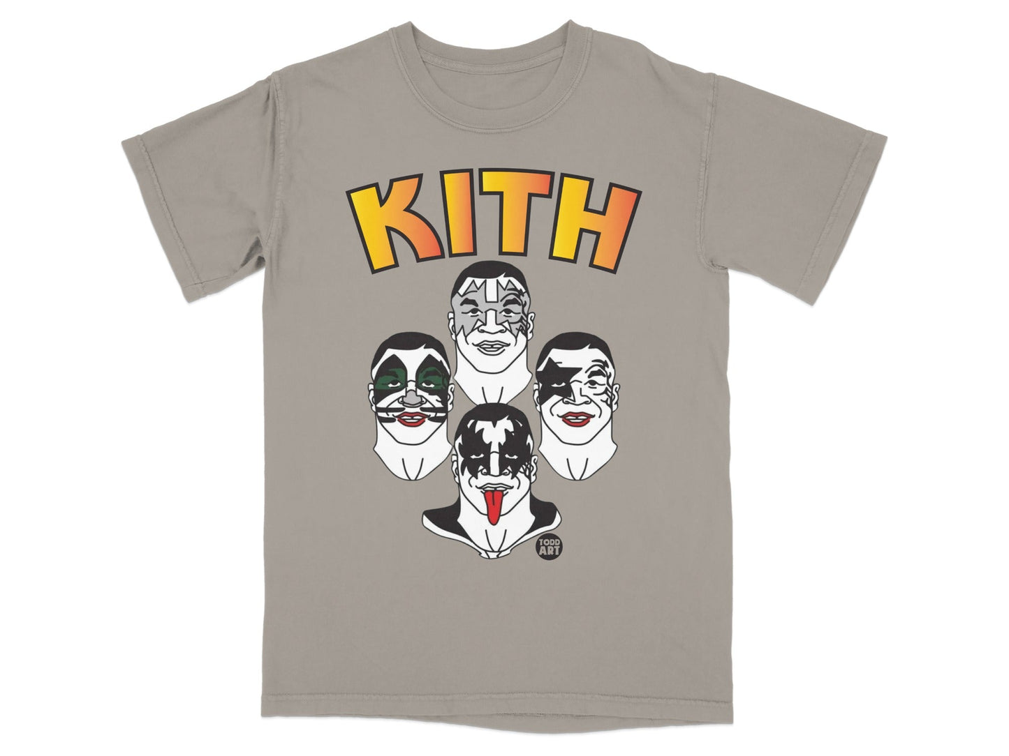 Kith logo above four KISS band members' faces in cartoon style.