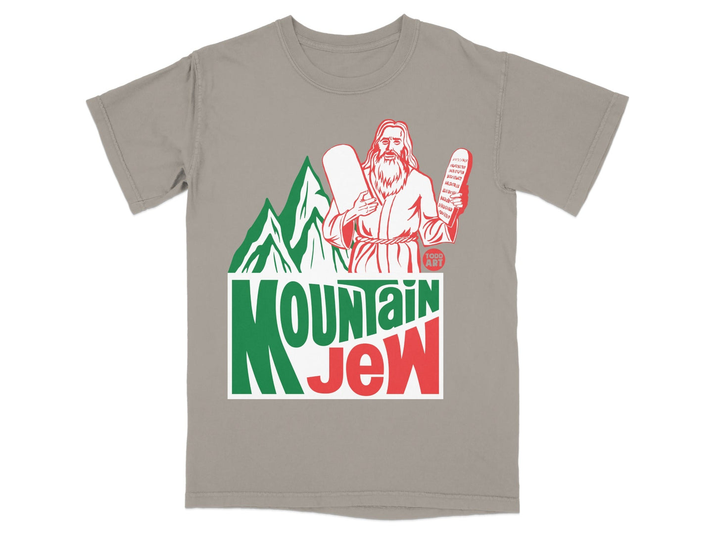 T-shirt graphic with bearded man holding tablets and "Mountain Dew" text.