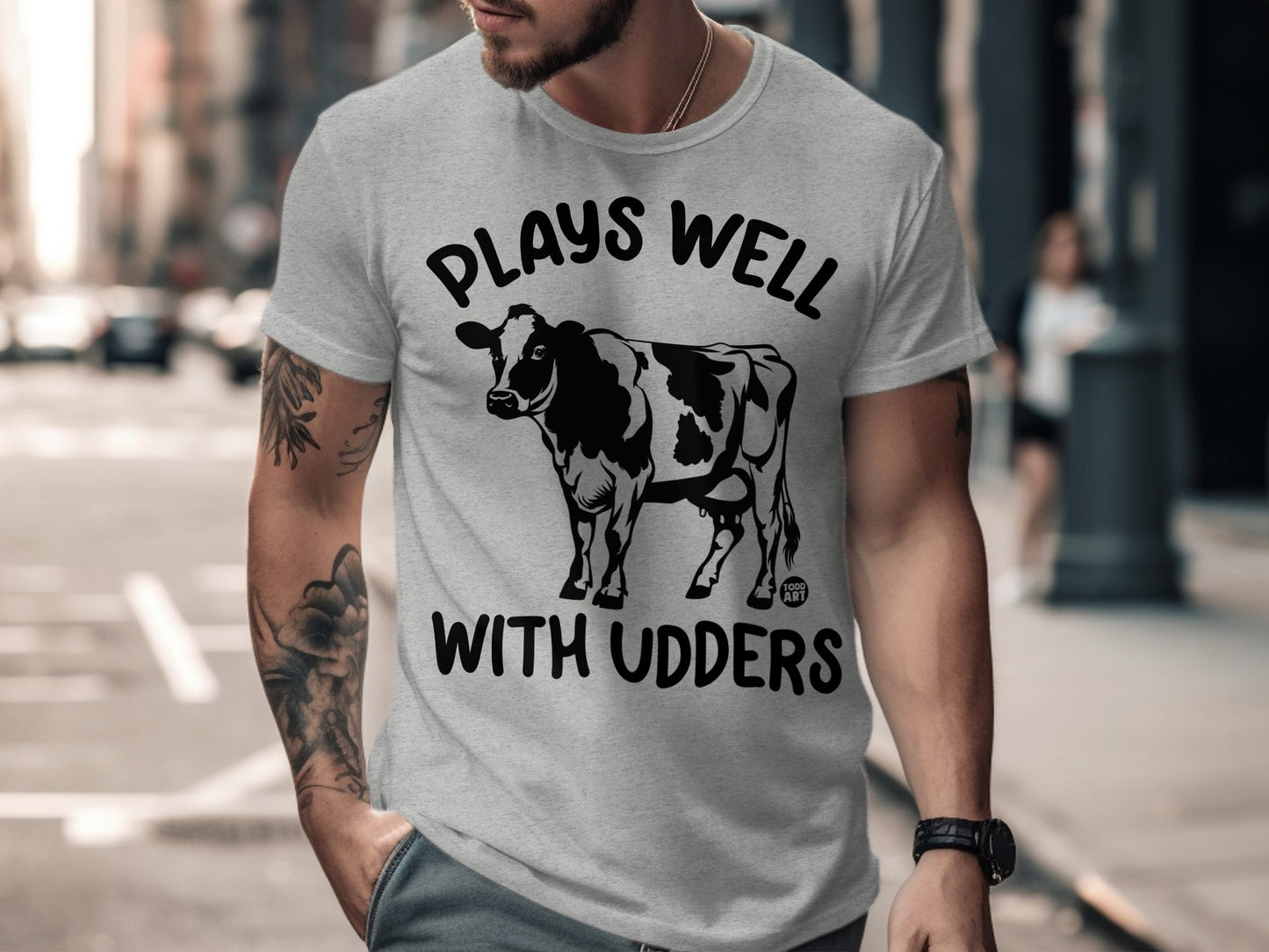 Plays Well With Udders Funny Cow Graphic T-Shirt