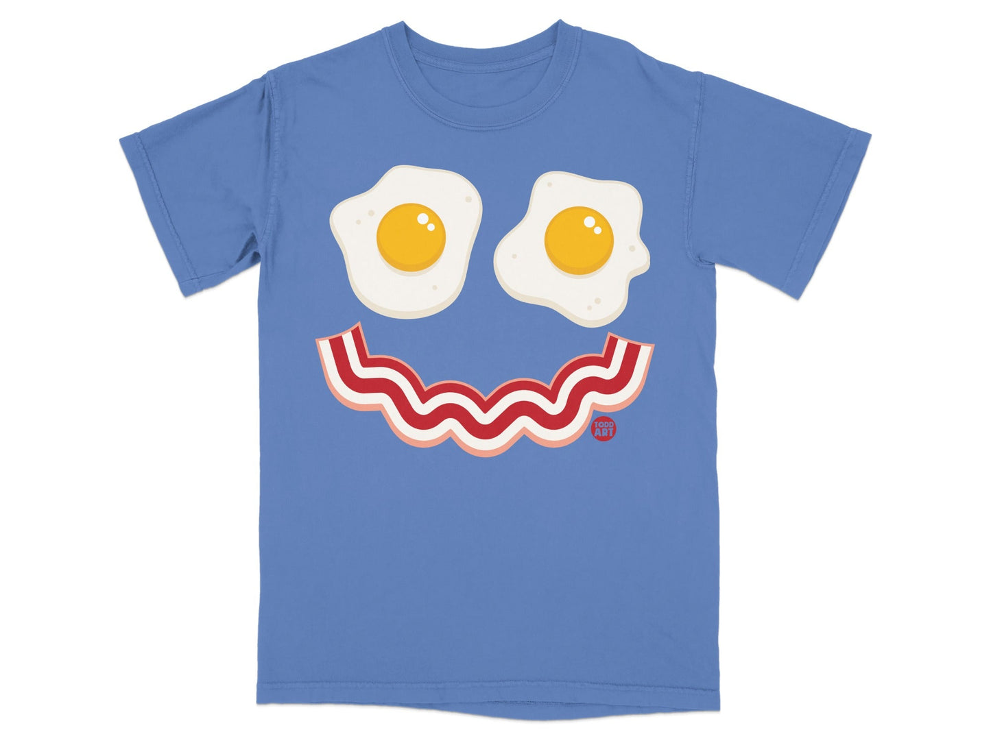 Blue T-Shirt with Smiling Egg and Bacon Graphic Design