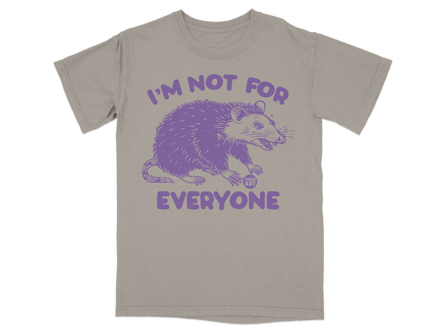 Purple possum graphic with "I'm Not For Everyone" text on a grey t-shirt.