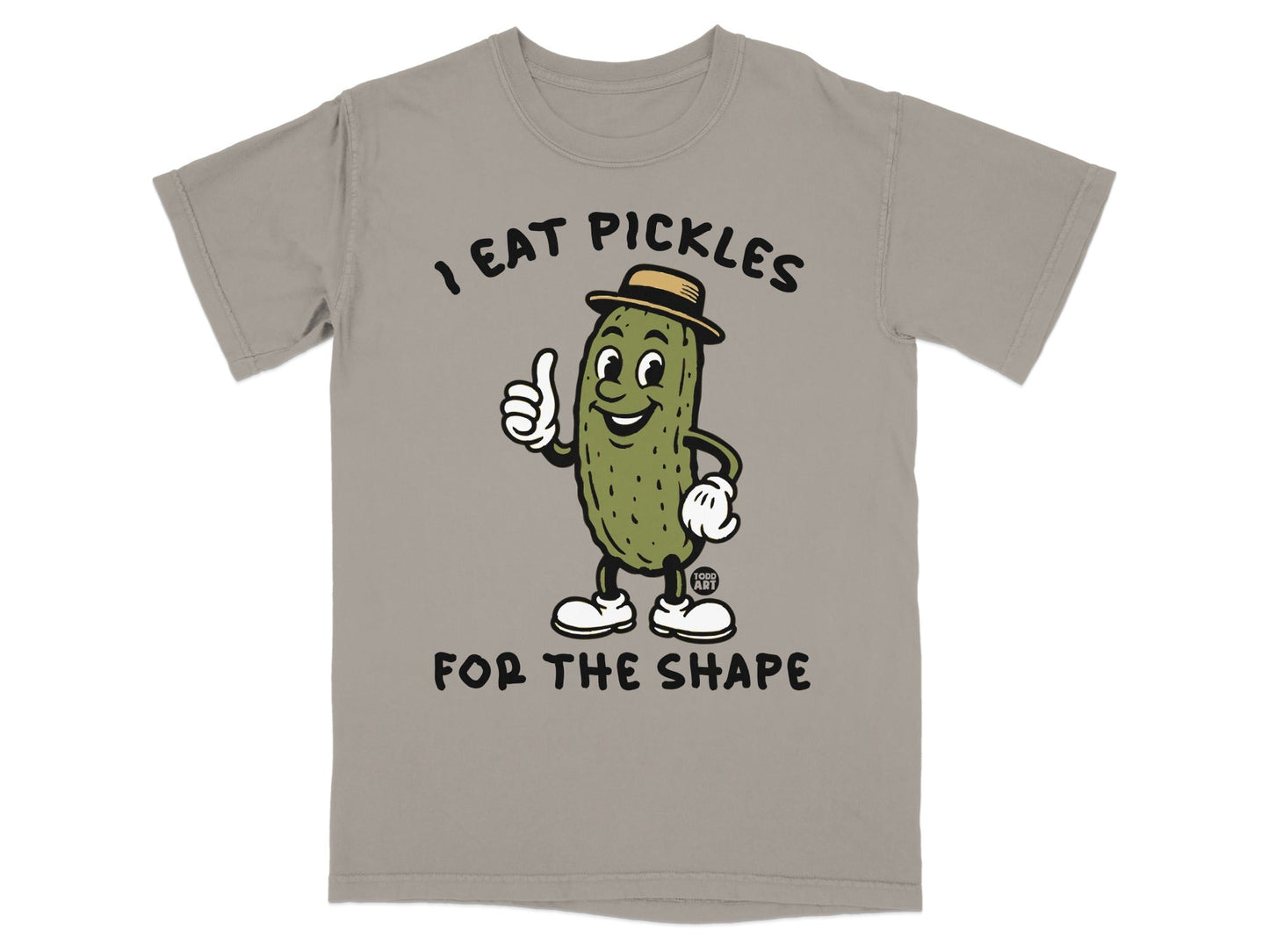T-shirt with cartoon pickle giving a thumbs up, saying "I eat pickles for the shape."