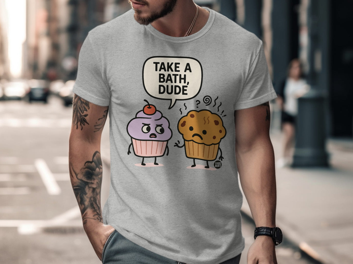 Funny Cupcake and Muffin Take a Bath Dude T-shirt